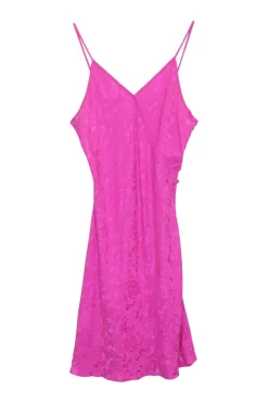 Fuchsia silk jacquard pullover wrap-effect slip with frog button appliqué and adjustable spaghetti straps