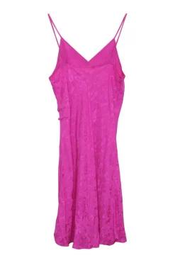 Fuchsia silk jacquard pullover wrap-effect slip with frog button appliqué and adjustable spaghetti straps