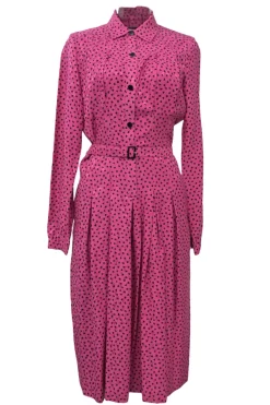 Fuchsia silk novelty heart print classic collar button-front belted shirt dress