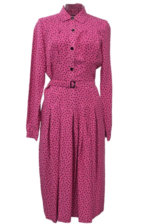 Fuchsia silk novelty heart print classic collar button-front belted shirt dress