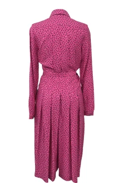 Fuchsia silk novelty heart print classic collar button-front belted shirt dress