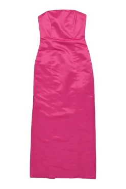 Fuchsia silk satin strapless bustier gown with slit back and matching shawl