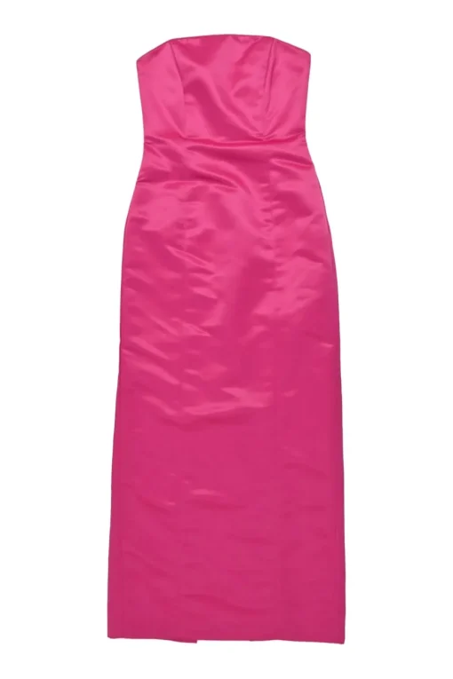 Fuchsia silk satin strapless bustier gown with slit back and matching shawl