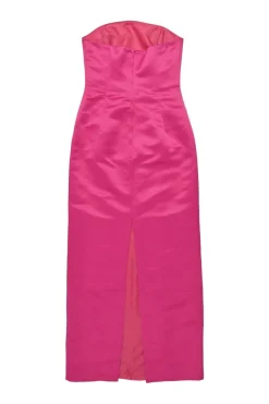 Fuchsia silk satin strapless bustier gown with slit back and matching shawl