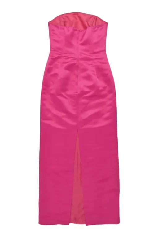 Fuchsia silk satin strapless bustier gown with slit back and matching shawl