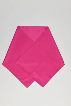 Fuchsia silk satin strapless bustier gown with slit back and matching shawl