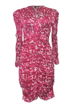 Fuchsia silk-blend abstract print Celina plunge neck long sleeve ruched mini dress