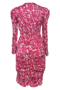 Fuchsia silk-blend abstract print Celina plunge neck long sleeve ruched mini dress