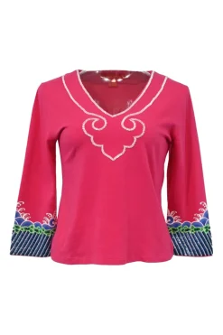 Fuchsia stretch-cotton jersey V-neck top with contrast broderie detailing and embellished cuffs