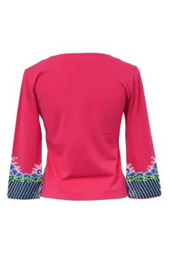 Fuchsia stretch-cotton jersey V-neck top with contrast broderie detailing and embellished cuffs