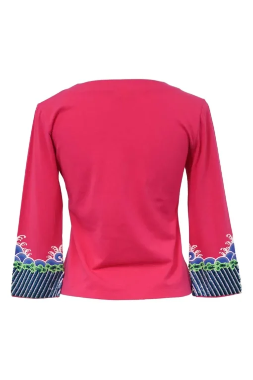 Fuchsia stretch-cotton jersey V-neck top with contrast broderie detailing and embellished cuffs