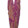 Fuchsia twist-drape silk paisley print foulard plunge neck tunic top with open back