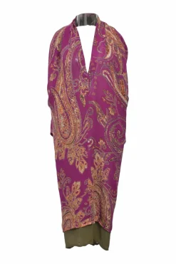 Fuchsia twist-drape silk paisley print foulard plunge neck tunic top with open back