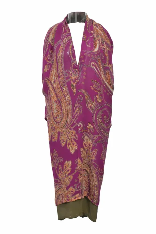 Fuchsia twist-drape silk paisley print foulard plunge neck tunic top with open back