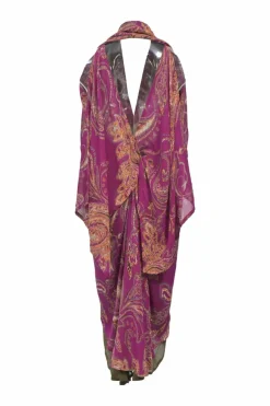 Fuchsia twist-drape silk paisley print foulard plunge neck tunic top with open back