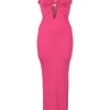 Fuchsia viscose Elfreda keyhole plissé rib knit midi dress