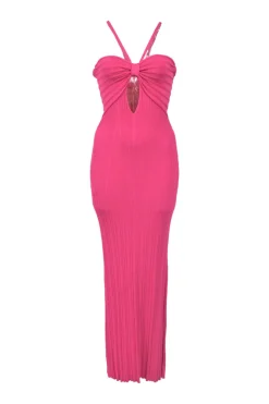 Fuchsia viscose Elfreda keyhole plissé rib knit midi dress