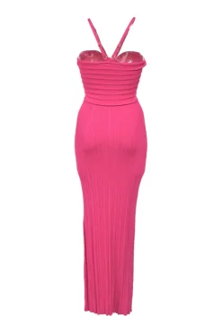 Fuchsia viscose Elfreda keyhole plissé rib knit midi dress
