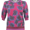 Fuchsia viscose-blend abstract jacquard knit print half-sleeve pullover knit top