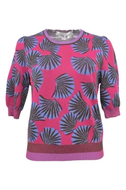 Fuchsia viscose-blend abstract jacquard knit print half-sleeve pullover knit top