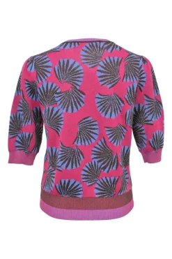 Fuchsia viscose-blend abstract jacquard knit print half-sleeve pullover knit top