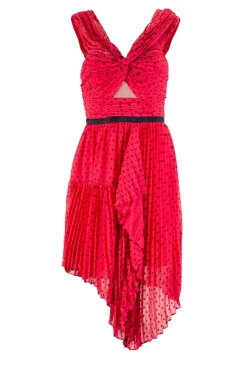 Fuschia and black pleated asymmetric mini dress