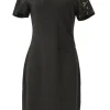 Ghurka embellished draped short sleeve sheath dress with asymmetric bateau neckline