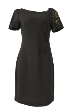 Ghurka embellished draped short sleeve sheath dress with asymmetric bateau neckline