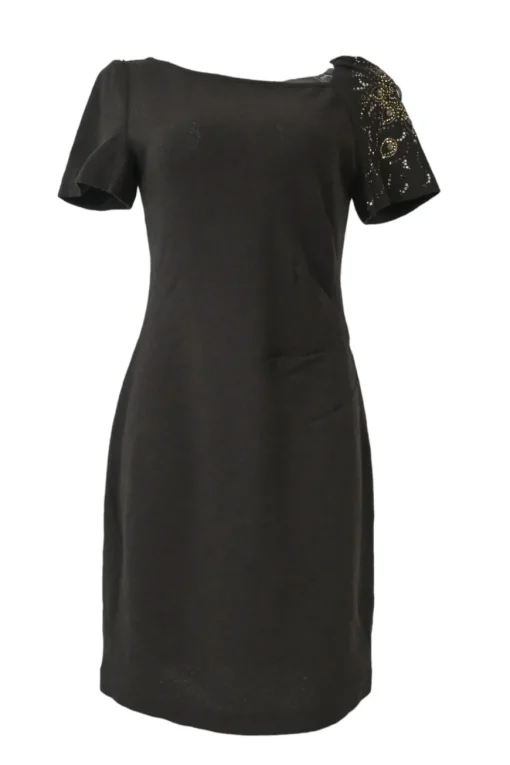 Ghurka embellished draped short sleeve sheath dress with asymmetric bateau neckline