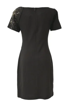 Ghurka embellished draped short sleeve sheath dress with asymmetric bateau neckline