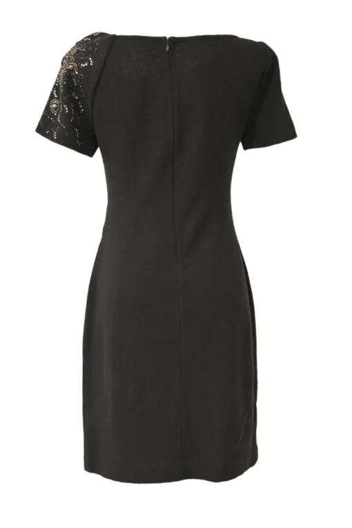 Ghurka embellished draped short sleeve sheath dress with asymmetric bateau neckline