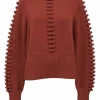 Ginger red wool-blend knit crewneck pom-pom sweater