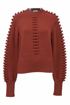Ginger red wool-blend knit crewneck pom-pom sweater
