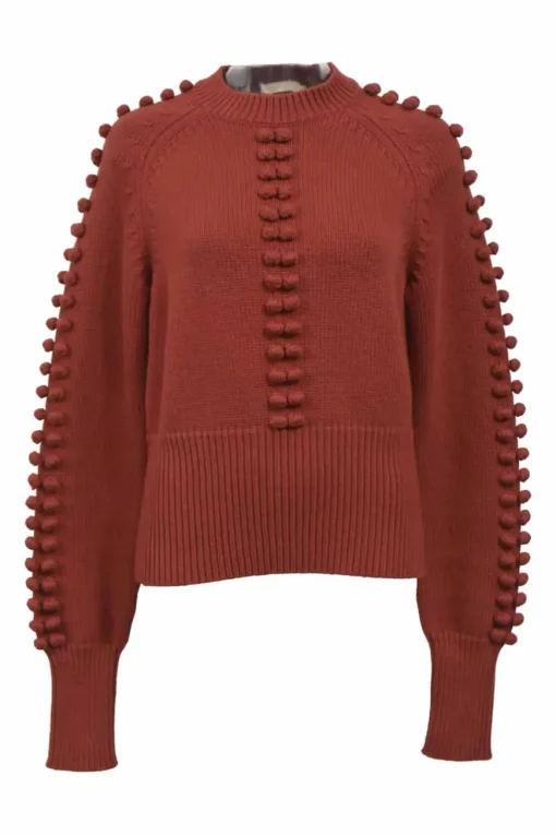 Ginger red wool-blend knit crewneck pom-pom sweater