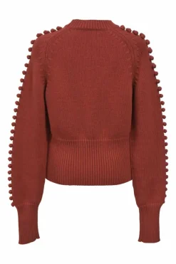 Ginger red wool-blend knit crewneck pom-pom sweater