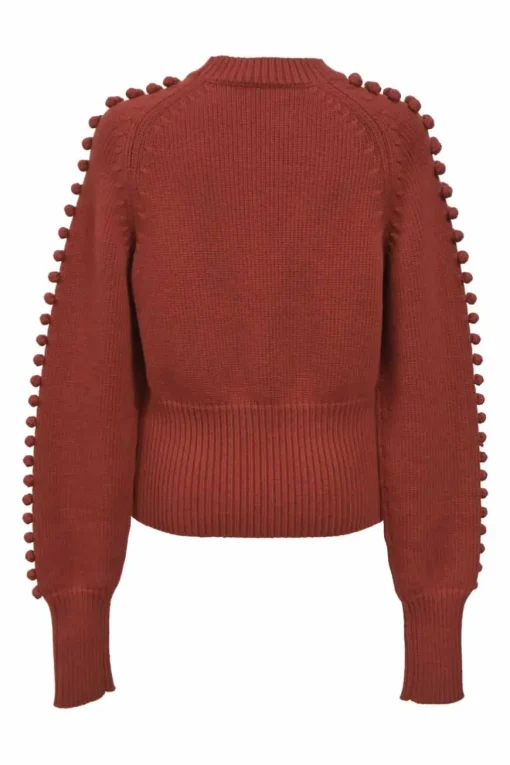 Ginger red wool-blend knit crewneck pom-pom sweater