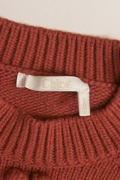 Ginger red wool-blend knit crewneck pom-pom sweater