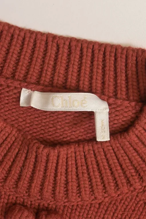 Ginger red wool-blend knit crewneck pom-pom sweater