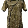 Gold and black flip sequin cotton jersey knit short sleeve T-Shirt