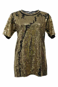 Gold and black flip sequin cotton jersey knit short sleeve T-Shirt