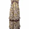 Gold and burgundy tiered silk-blend metallic floral fil-coupé plunge neck peek-a-boo slip gown with tonal lace inserts