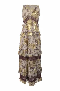 Gold and burgundy tiered silk-blend metallic floral fil-coupé plunge neck peek-a-boo slip gown with tonal lace inserts