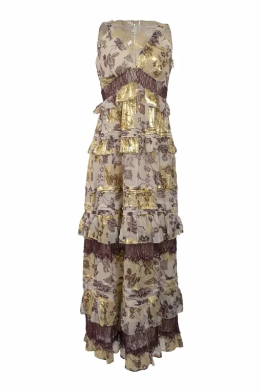 Gold and burgundy tiered silk-blend metallic floral fil-coupé plunge neck peek-a-boo slip gown with tonal lace inserts