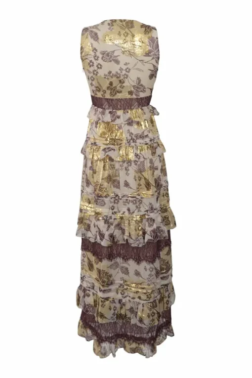Gold and burgundy tiered silk-blend metallic floral fil-coupé plunge neck peek-a-boo slip gown with tonal lace inserts