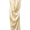 Gold bias cut stretch-silk satin plunge cowl neck sleeveless dress with self-tie details