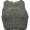 Gold cotton-blend crochet knit sleeveless crop top featuring metallic logo broderie motif