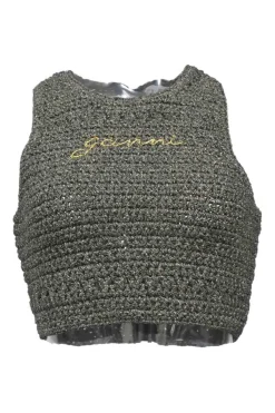 Gold cotton-blend crochet knit sleeveless crop top featuring metallic logo broderie motif
