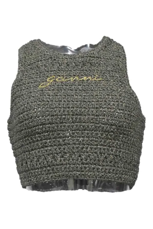 Gold cotton-blend crochet knit sleeveless crop top featuring metallic logo broderie motif