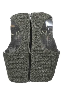Gold cotton-blend crochet knit sleeveless crop top featuring metallic logo broderie motif