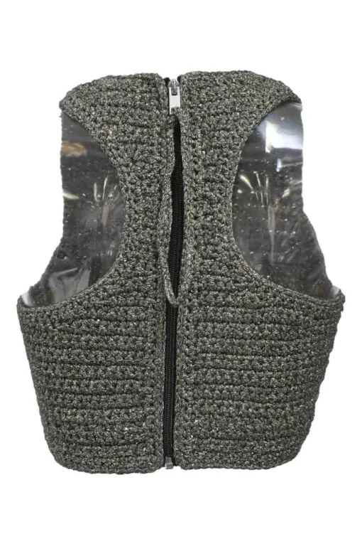 Gold cotton-blend crochet knit sleeveless crop top featuring metallic logo broderie motif